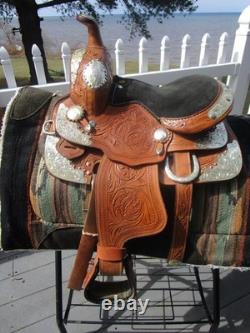 10'' Childs western silver show Saddle tooled leather SQH with breast collar