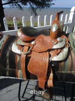 10'' Childs western silver show Saddle tooled leather SQH with breast collar