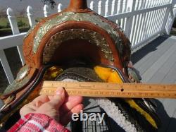 10'' Childs western silver show Saddle tooled leather SQH with breast collar