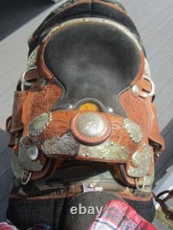 10'' Childs western silver show Saddle tooled leather SQH with breast collar