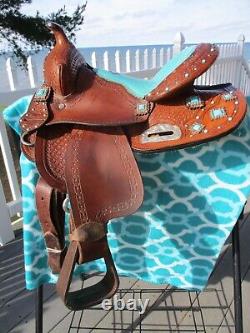 12'' DOUBLE T SEMI Q H BARS child youth Turquoise leather western barrel saddle