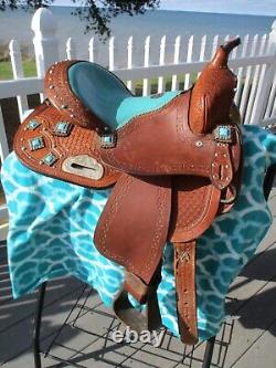 12'' DOUBLE T SEMI Q H BARS child youth Turquoise leather western barrel saddle