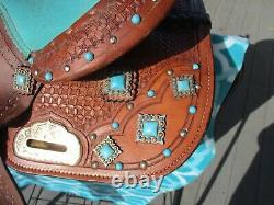 12'' DOUBLE T SEMI Q H BARS child youth Turquoise leather western barrel saddle