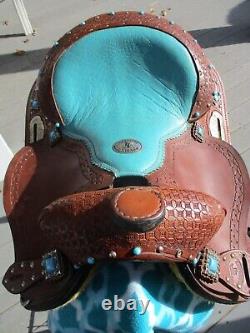 12'' DOUBLE T SEMI Q H BARS child youth Turquoise leather western barrel saddle