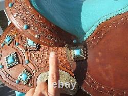 12'' DOUBLE T SEMI Q H BARS child youth Turquoise leather western barrel saddle