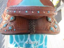 12'' DOUBLE T SEMI Q H BARS child youth Turquoise leather western barrel saddle