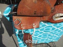 12'' DOUBLE T SEMI Q H BARS child youth Turquoise leather western barrel saddle