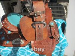 12'' DOUBLE T SEMI Q H BARS child youth Turquoise leather western barrel saddle