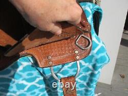 12'' DOUBLE T SEMI Q H BARS child youth Turquoise leather western barrel saddle