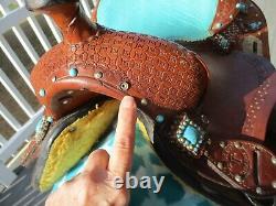 12'' DOUBLE T SEMI Q H BARS child youth Turquoise leather western barrel saddle