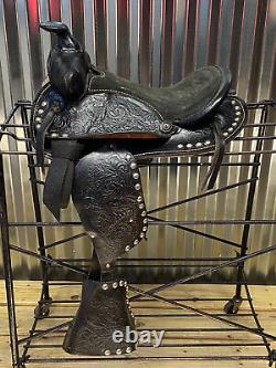 12 Kids Black Leather Western Pony Saddle w Silver Spots