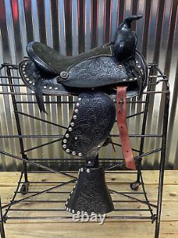 12 Kids Black Leather Western Pony Saddle w Silver Spots