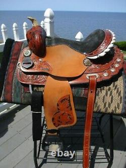 13'' Brown Premium leather western barrel trail saddle SQH BARS w bling conchos