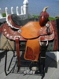 13'' Brown Premium leather western barrel trail saddle SQH BARS w bling conchos