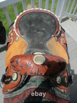 13'' Brown Premium leather western barrel trail saddle SQH BARS w bling conchos