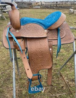 13 tan tooled leather youth / pony western saddle withturquoise suede seat