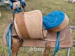 13 tan tooled leather youth / pony western saddle withturquoise suede seat