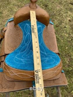 13 tan tooled leather youth / pony western saddle withturquoise suede seat