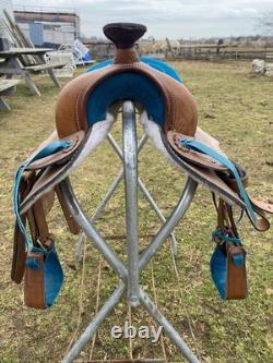 13 tan tooled leather youth / pony western saddle withturquoise suede seat