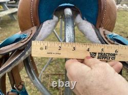 13 tan tooled leather youth / pony western saddle withturquoise suede seat