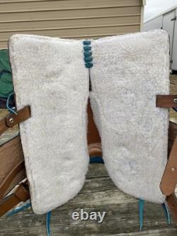 13 tan tooled leather youth / pony western saddle withturquoise suede seat