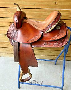 14 1/2 Western Saddle w Basketweave Tooling and Rawhide Laced Cantle