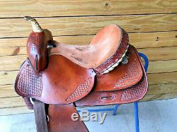 14 1/2 Western Saddle w Basketweave Tooling and Rawhide Laced Cantle