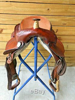 14 1/2 Western Saddle w Basketweave Tooling and Rawhide Laced Cantle