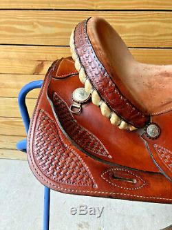 14 1/2 Western Saddle w Basketweave Tooling and Rawhide Laced Cantle