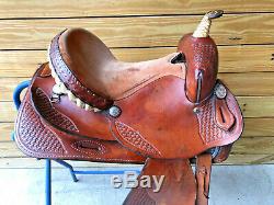 14 1/2 Western Saddle w Basketweave Tooling and Rawhide Laced Cantle