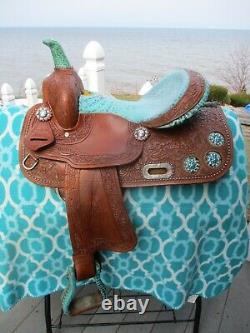 14'' California Saddlery Turquoise Western Barrel Saddle Fqhbars Studded & Bling