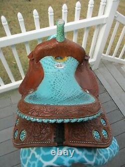 14'' California Saddlery Turquoise Western Barrel Saddle Fqhbars Studded & Bling