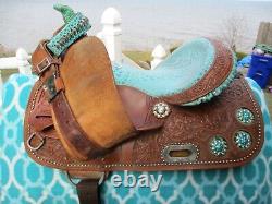 14'' California Saddlery Turquoise Western Barrel Saddle Fqhbars Studded & Bling