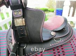 14'' SYNTHETIC PURPLE WESTERN SADDLE w PURPLE CRYSTALS & BREAST COLLAR SQH BARS