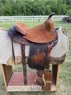 14 Vintage Circle Y Barrel Racing Western Saddle, Leather Tooling, 1960 1970