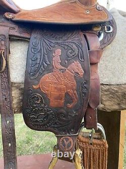 14 Vintage Circle Y Barrel Racing Western Saddle, Leather Tooling, 1960 1970