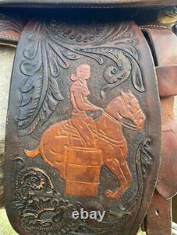 14 Vintage Circle Y Barrel Racing Western Saddle, Leather Tooling, 1960 1970