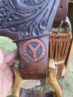 14 Vintage Circle Y Barrel Racing Western Saddle, Leather Tooling, 1960 1970