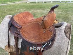 14 Vintage Circle Y Barrel Racing Western Saddle, Leather Tooling, 1960 1970