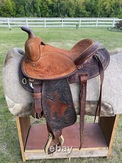 14 Vintage Circle Y Barrel Racing Western Saddle, Leather Tooling, 1960 1970