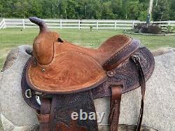 14 Vintage Circle Y Barrel Racing Western Saddle, Leather Tooling, 1960 1970