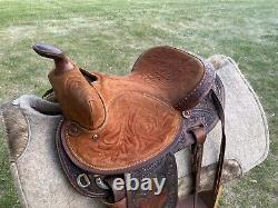 14 Vintage Circle Y Barrel Racing Western Saddle, Leather Tooling, 1960 1970