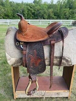 14 Vintage Circle Y Barrel Racing Western Saddle, Leather Tooling, 1960 1970