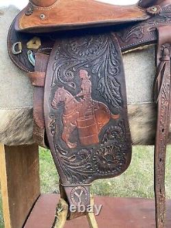 14 Vintage Circle Y Barrel Racing Western Saddle, Leather Tooling, 1960 1970