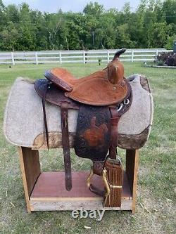 14 Vintage Circle Y Barrel Racing Western Saddle, Leather Tooling, 1960 1970