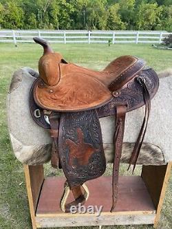 14 Vintage Circle Y Barrel Racing Western Saddle, Leather Tooling, 1960 1970