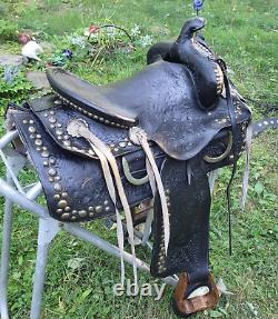 14 Vintage Double Rigged Western Saddle Handmade Handcarved silver color spots