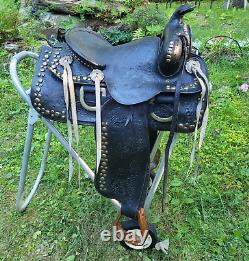 14 Vintage Double Rigged Western Saddle Handmade Handcarved silver color spots