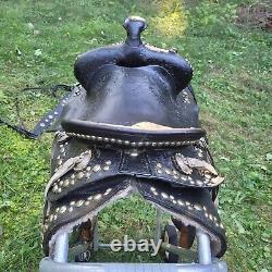 14 Vintage Double Rigged Western Saddle Handmade Handcarved silver color spots