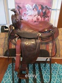 14'' Vintage Western Brown Leather Slick Seat Trail Ranch Saddle #260